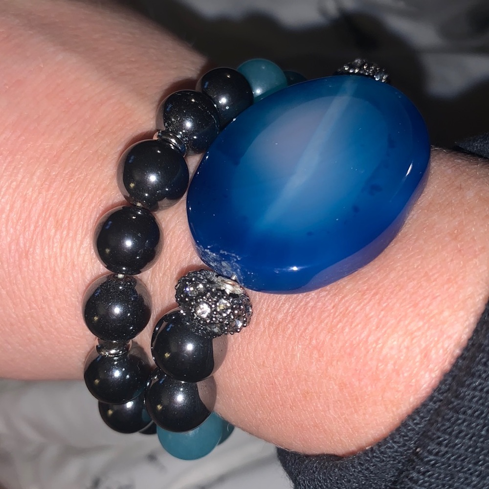 Handmade beaded bracelet, blue large stone, metallic small beads, wrap around